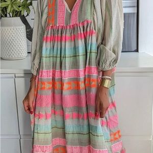 Pink Greek Key and Orange Chain Striped Print Midi Dress.  New. Never worn.